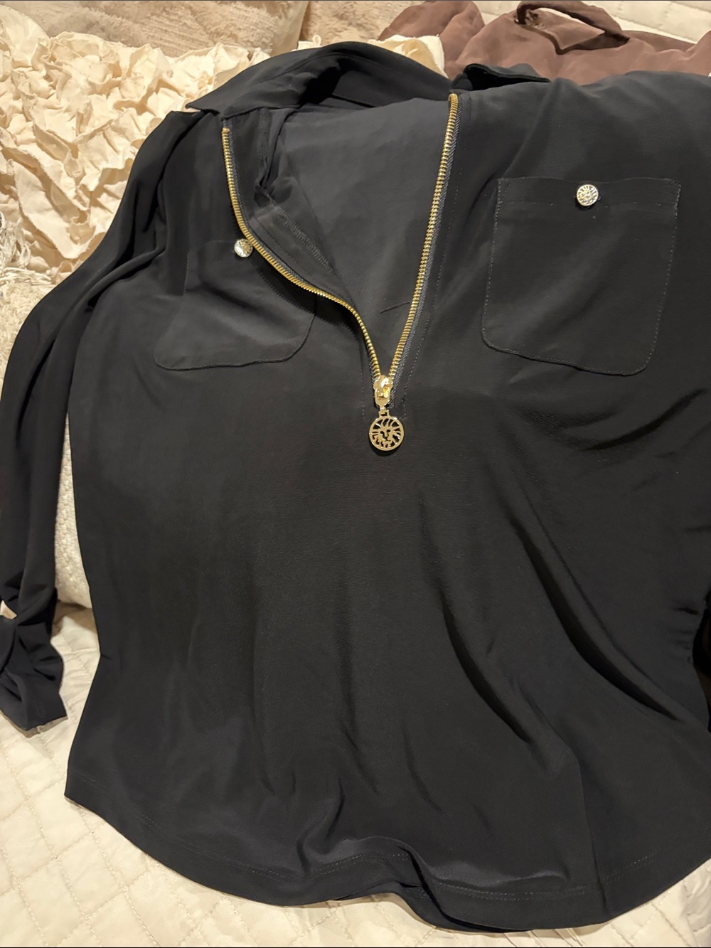 Anne Klein Black Long-Sleeve Top with Gold Zip